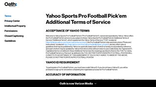 Yahoo Sports Pro Football Pick'em Additional Terms of Service | Oath ...