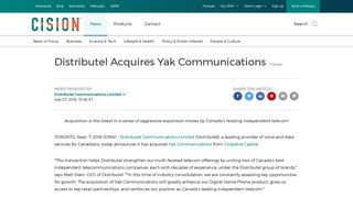 Distributel Acquires Yak Communications - Canada NewsWire