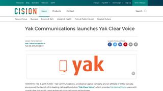 CNW | Yak Communications launches Yak Clear Voice