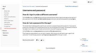 Username and password - Yandex.Direct for mobile. Help