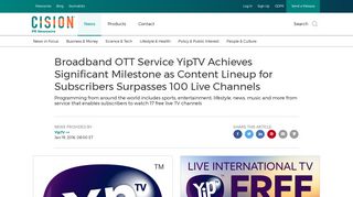 Broadband OTT Service YipTV Achieves Significant Milestone as ...