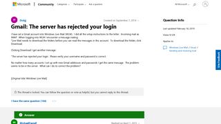 Gmail: The server has rejected your login - Microsoft Community