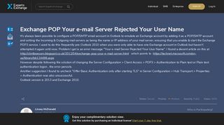 Exchange POP Your e-mail Server Rejected Your User Name