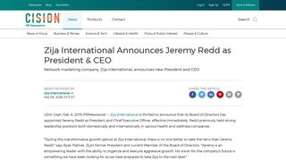 Zija International Announces Jeremy Redd as President & CEO