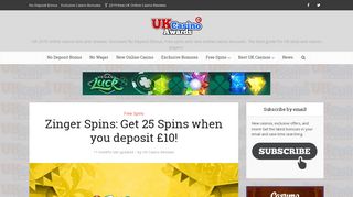 Zinger Spins: Get 25 Spins when you deposit £10! - UK Casino Awards