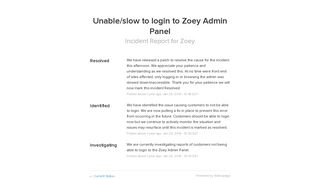 Zoey Status - Unable/slow to login to Zoey Admin Panel