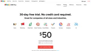 Zoho CRM Plus Pricing | Get started with a 30 day free trial.