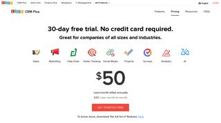 Zoho CRM Plus Pricing | Get started with a 30 day free trial.