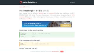 Default settings of the ZTE MF65M - routerdefaults.org