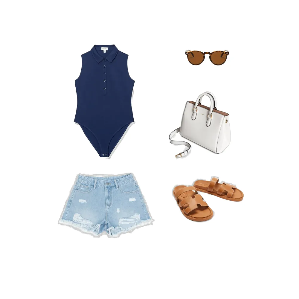 Edgy Chic Summer Look Navy Bodysuit Destroyed Short and Brown Sandals