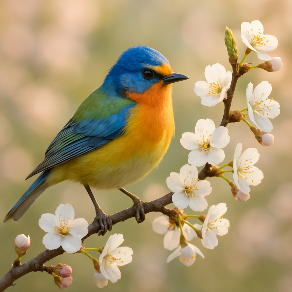 A colorful bird perched on a blooming branch