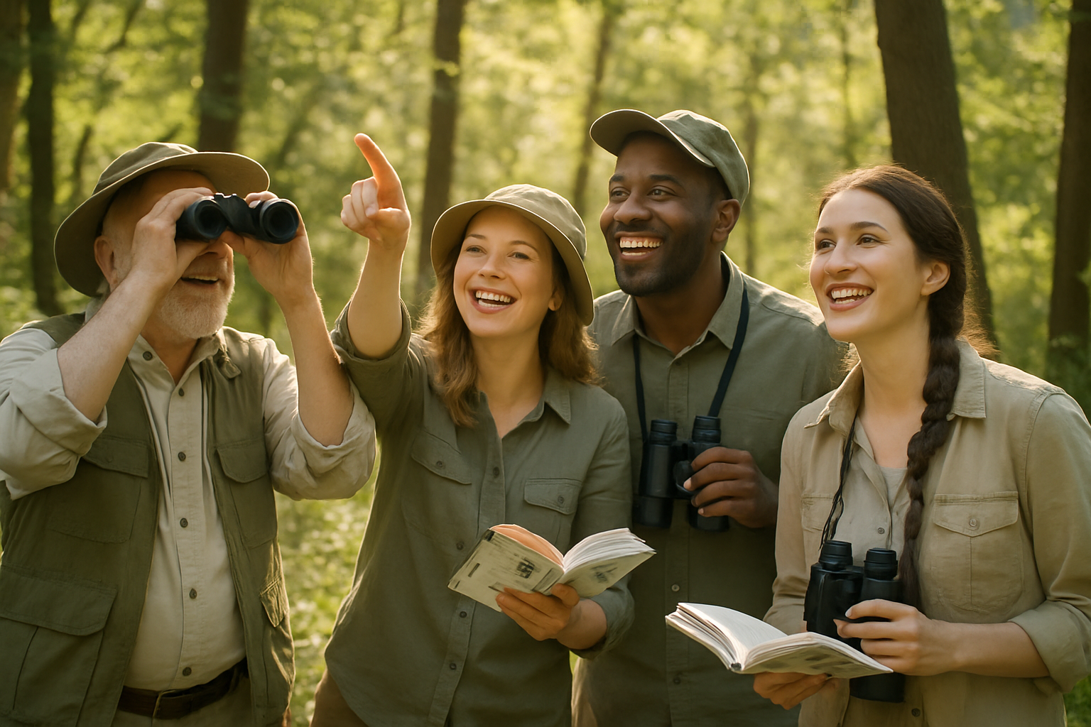 A group of birdwatchers observing birds together outdoors