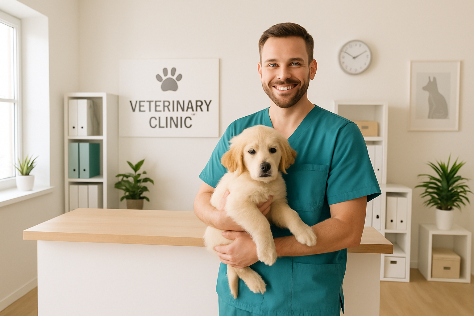 Friendly vet holding a puppy at Mike's Clinic