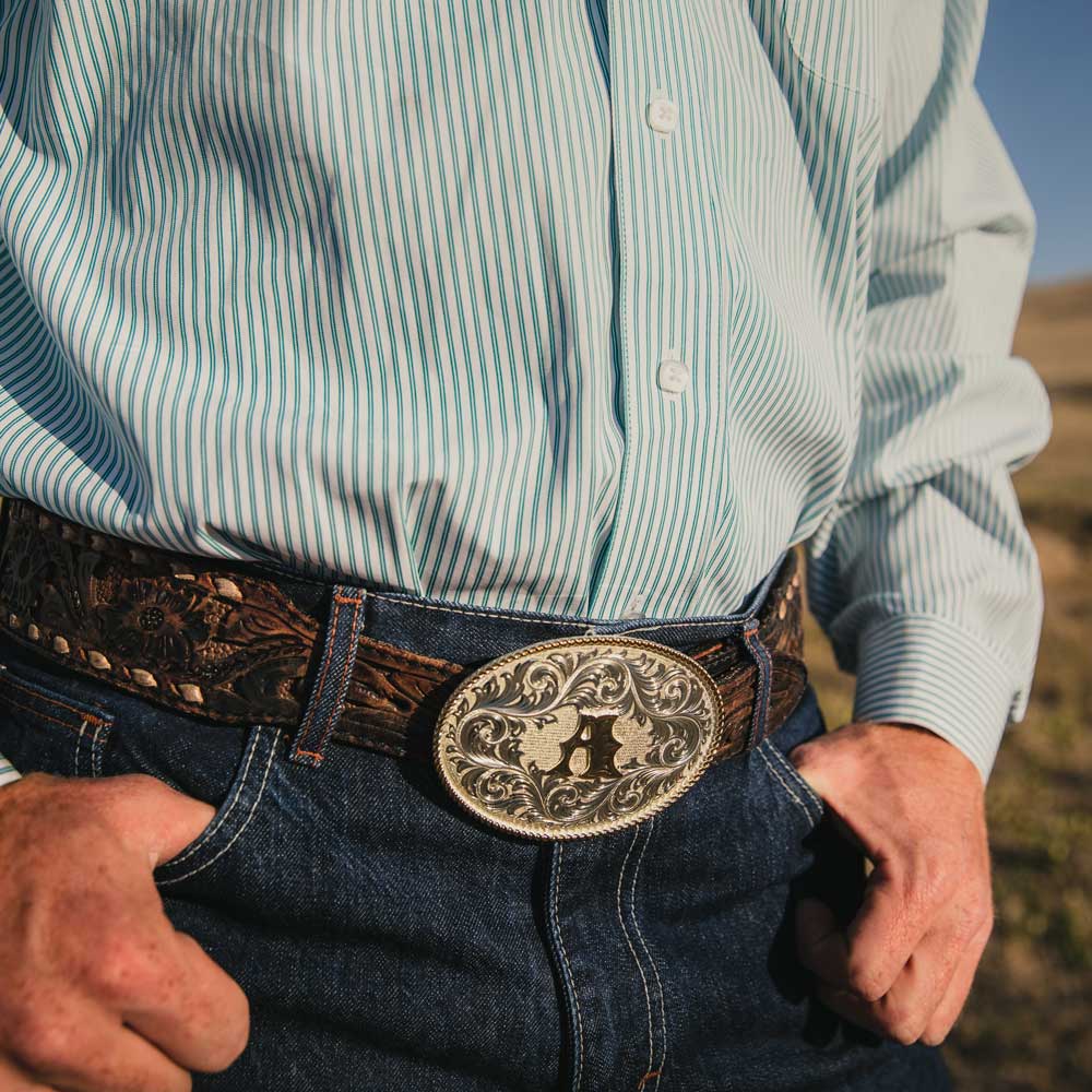 Classic Western Oval Two-Tone Initial Belt Buckle - A