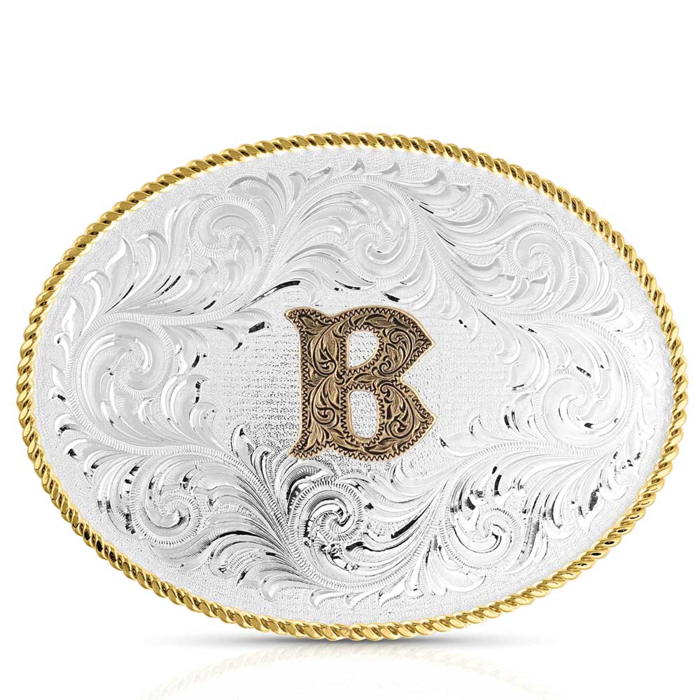 Classic Western Oval Two-Tone Initial Belt Buckle - B