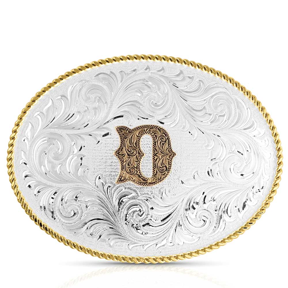 Classic Western Oval Two-Tone Initial Belt Buckle - D