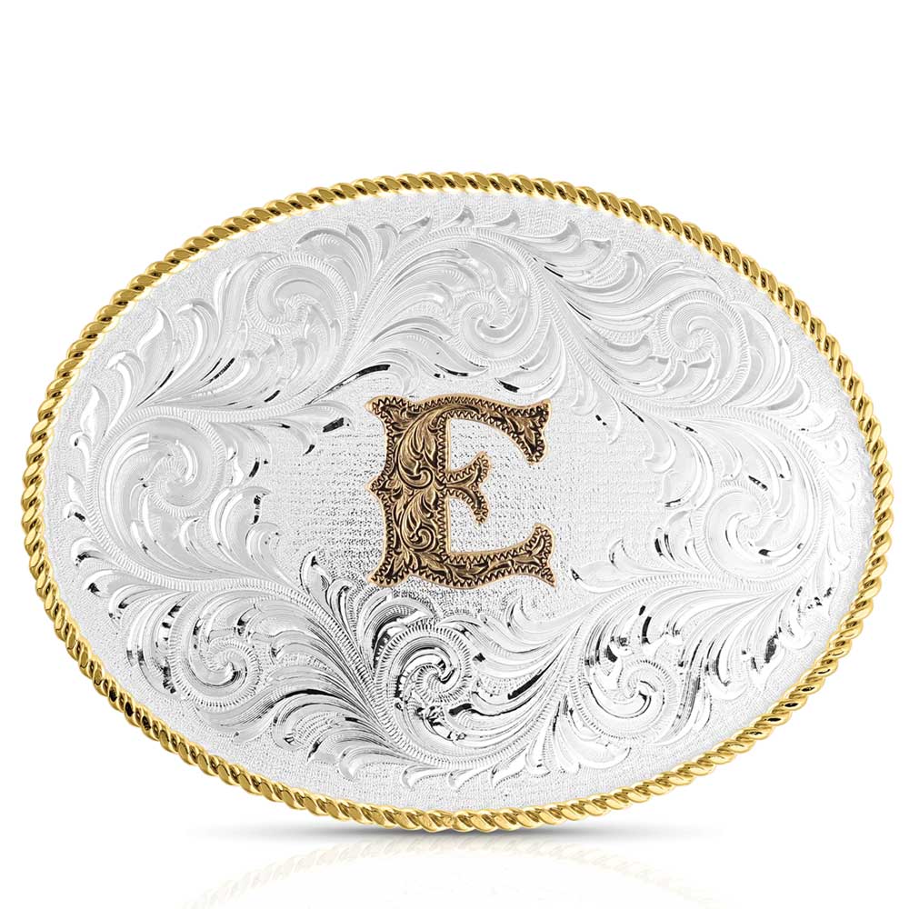 Classic Western Oval Two-Tone Initial Belt Buckle - E