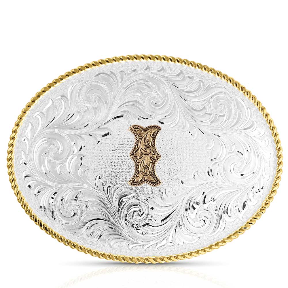 Classic Western Oval Two-Tone Initial Belt Buckle - I