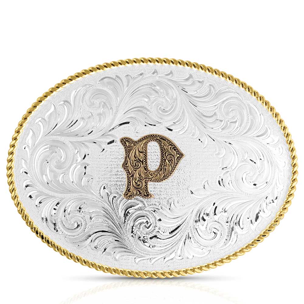 Classic Western Oval Two-Tone Initial Belt Buckle - P