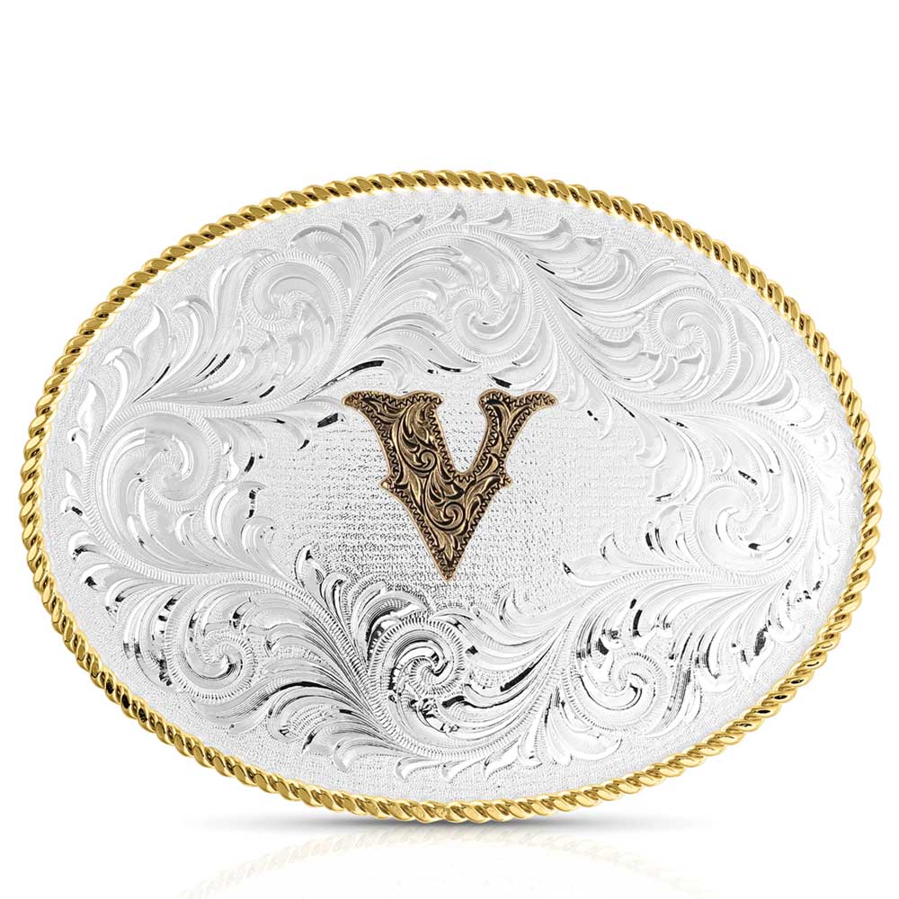 Classic Western Oval Two-Tone Initial Belt Buckle - V