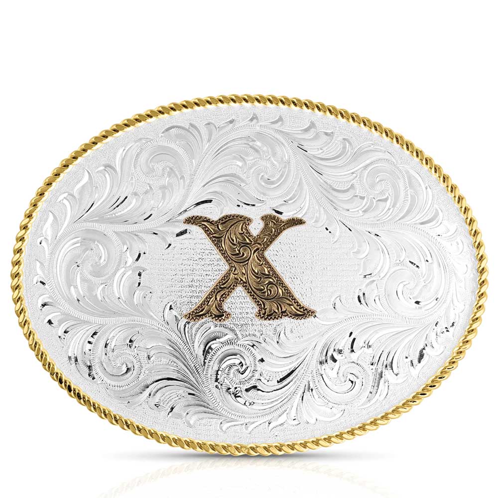 Classic Western Oval Two-Tone Initial Belt Buckle - X