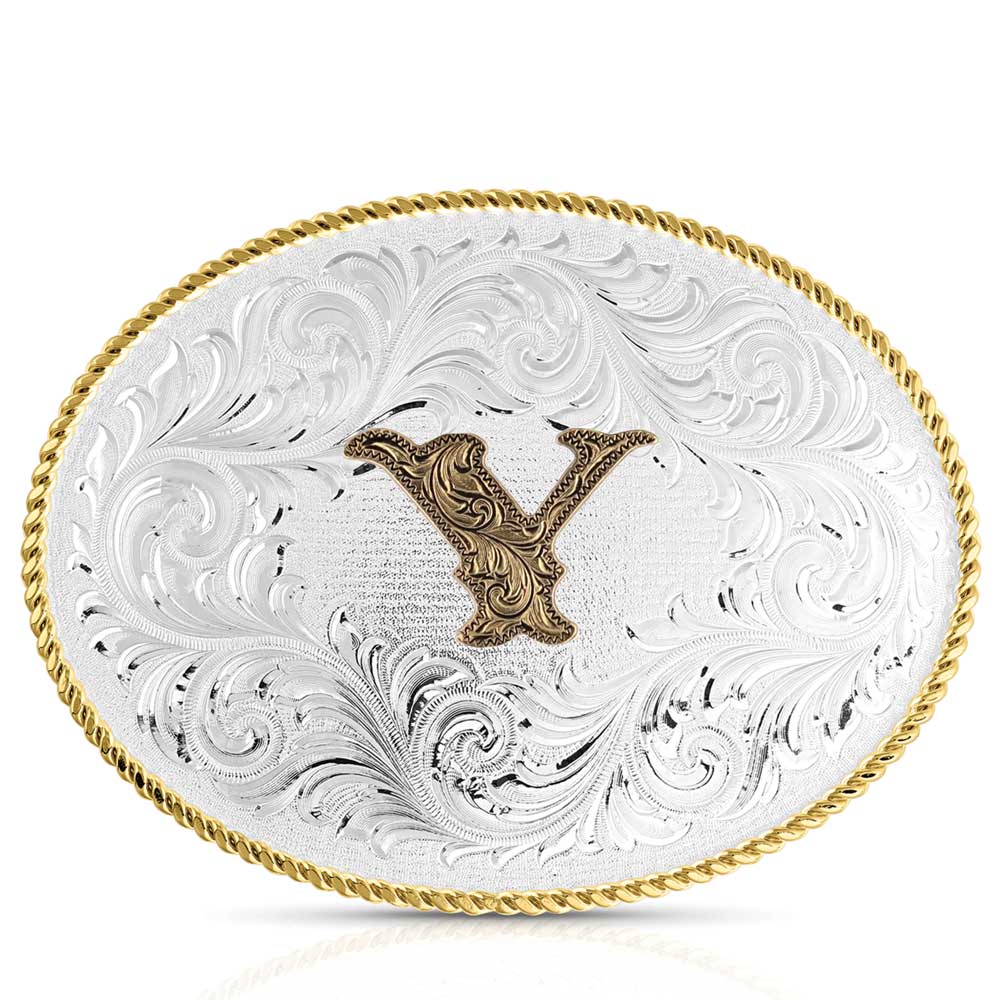 Classic Western Oval Two-Tone Initial Belt Buckle - Y