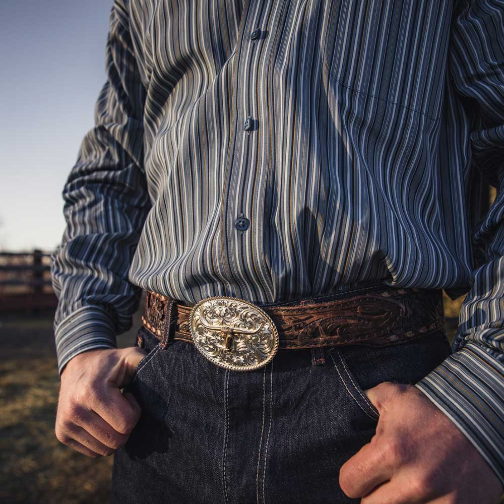 Small Two-Tone Engraved Western Buckle with Longhorn