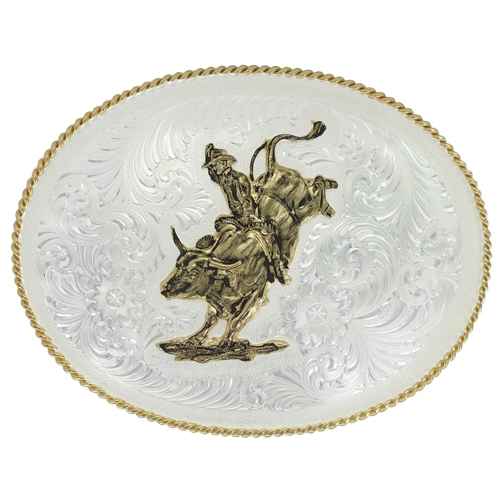 Large Silver Engraved Western Belt Buckle with Bull Rider
