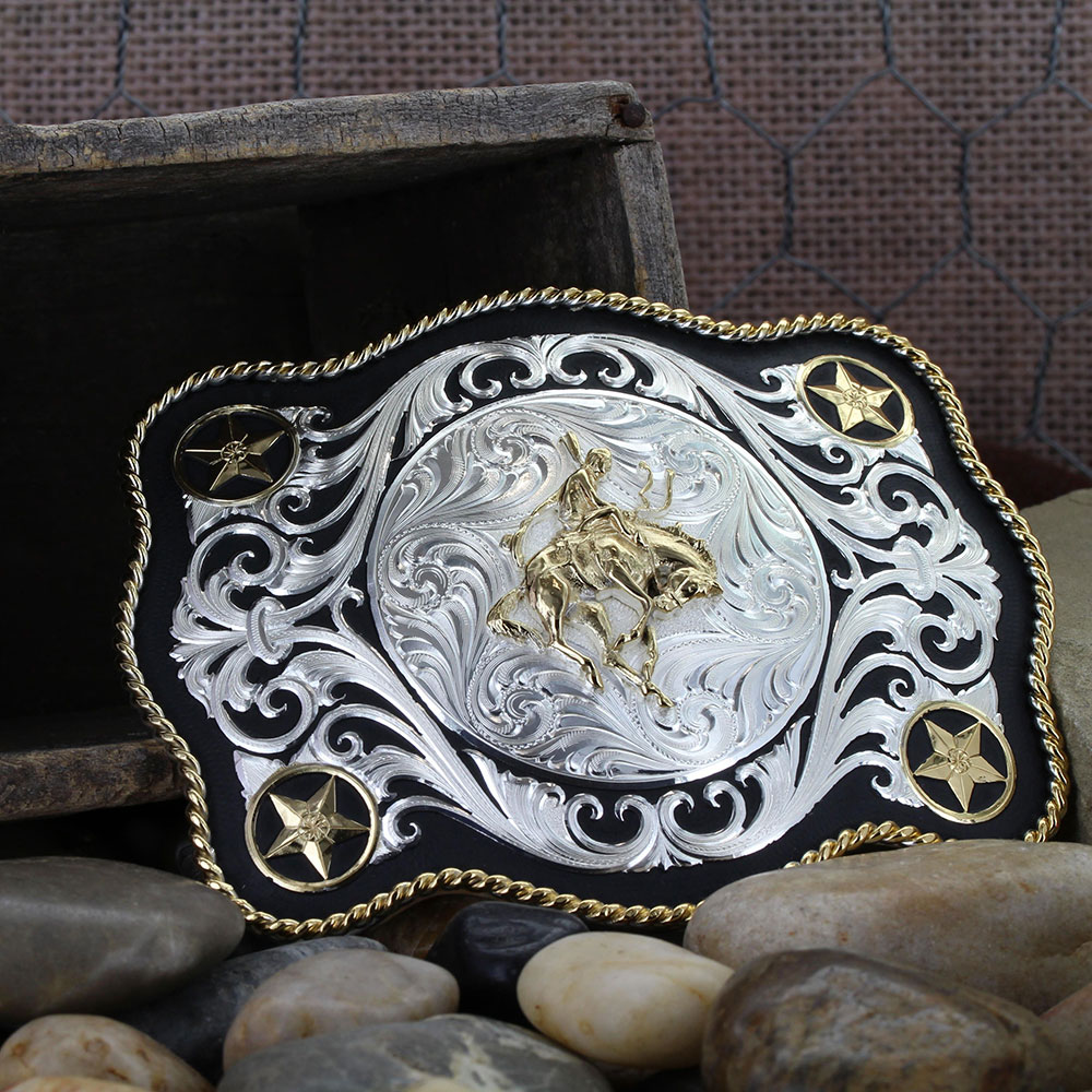 Scalloped Sheridan Style Western Belt Buckle with Bronc Rider