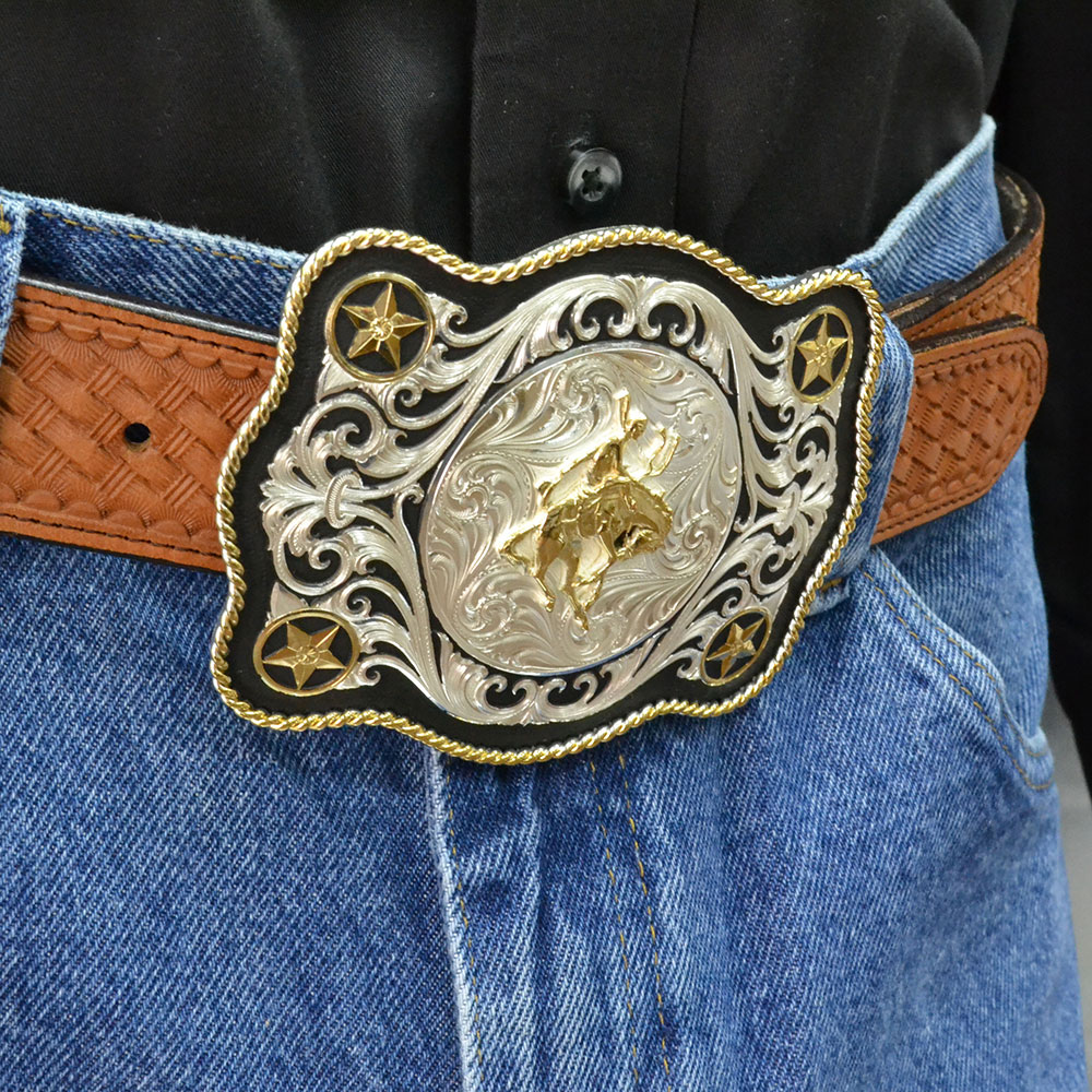 Scalloped Sheridan Style Western Belt Buckle with Bronc Rider