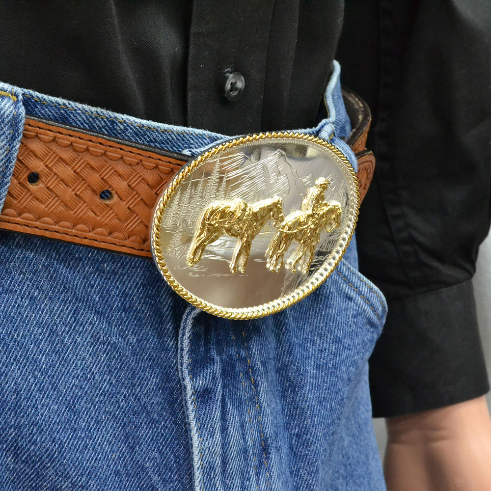 Etched Mountains Western Belt Buckle with Pack Horse and Rider