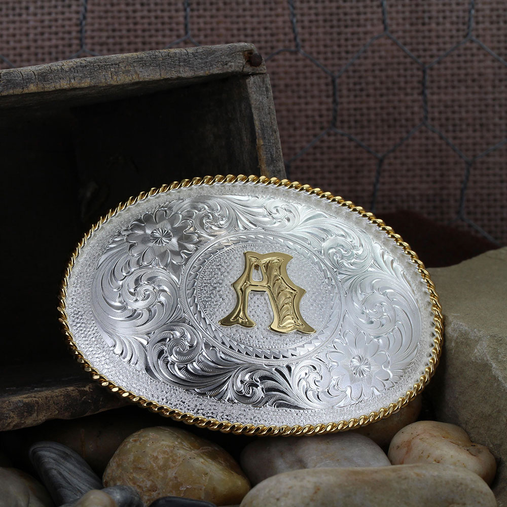 Initial A Silver Engraved Gold Trim Western Belt Buckle