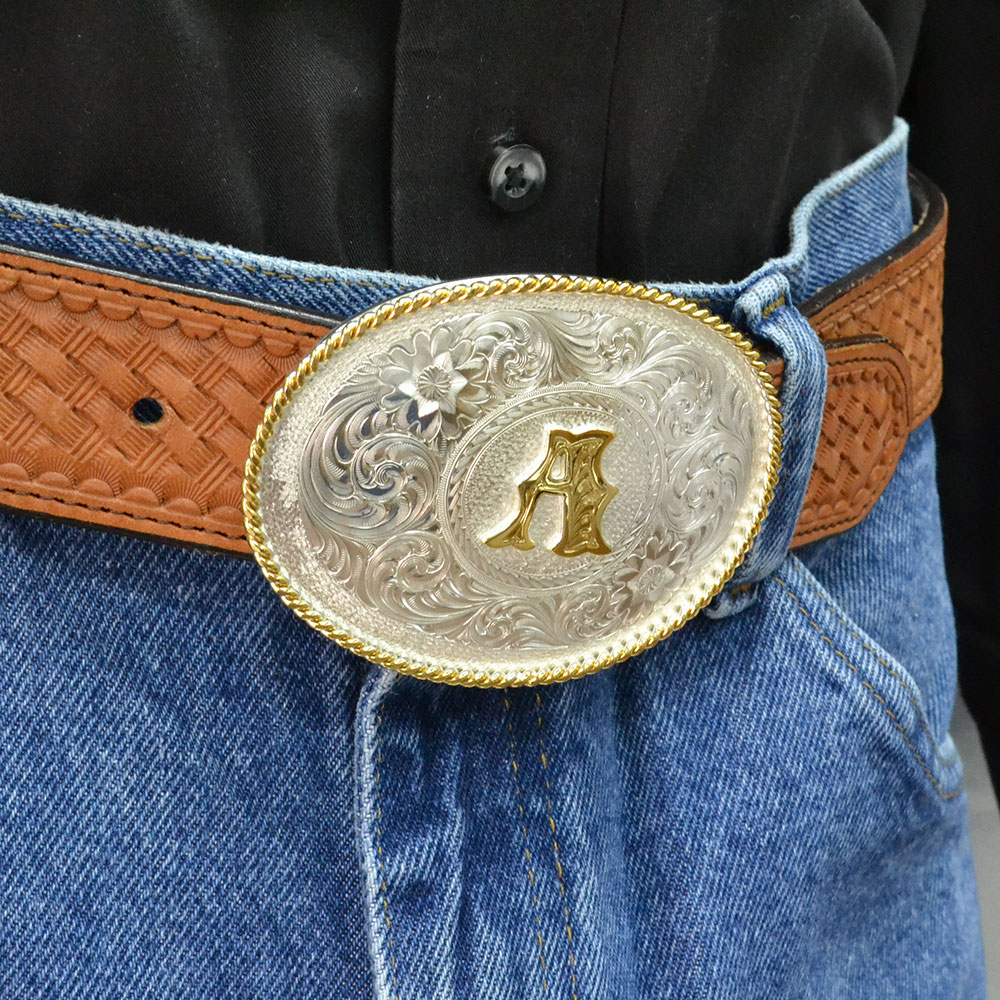Initial A Silver Engraved Gold Trim Western Belt Buckle
