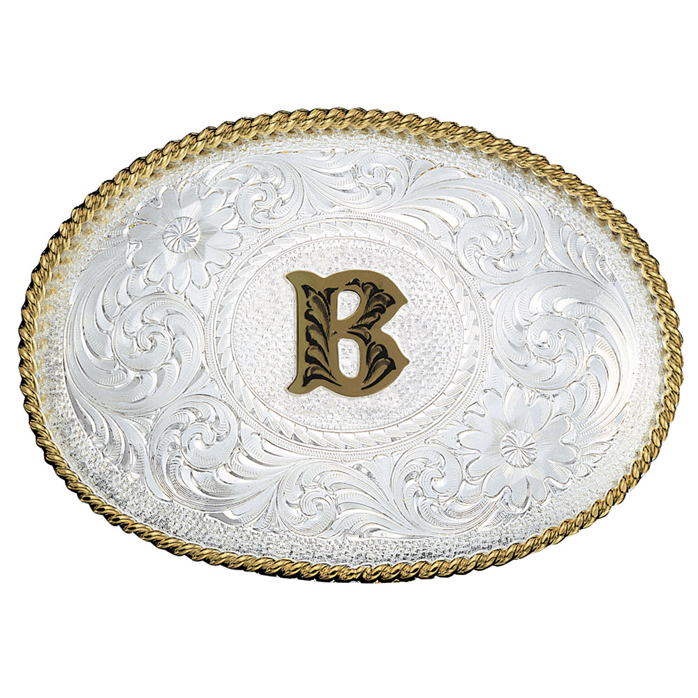 Initial B Silver Engraved Gold Trim Western Belt Buckle