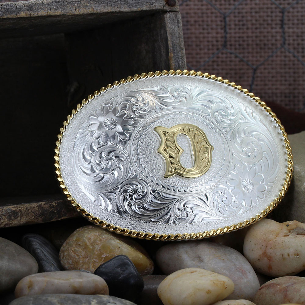 Initial D Silver Engraved Gold Trim Western Belt Buckle