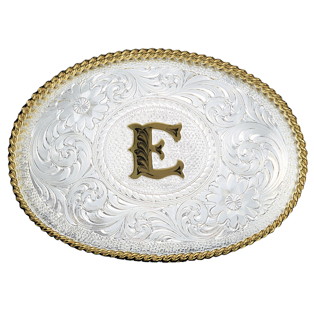 Initial E Silver Engraved Gold Trim Western Belt Buckle