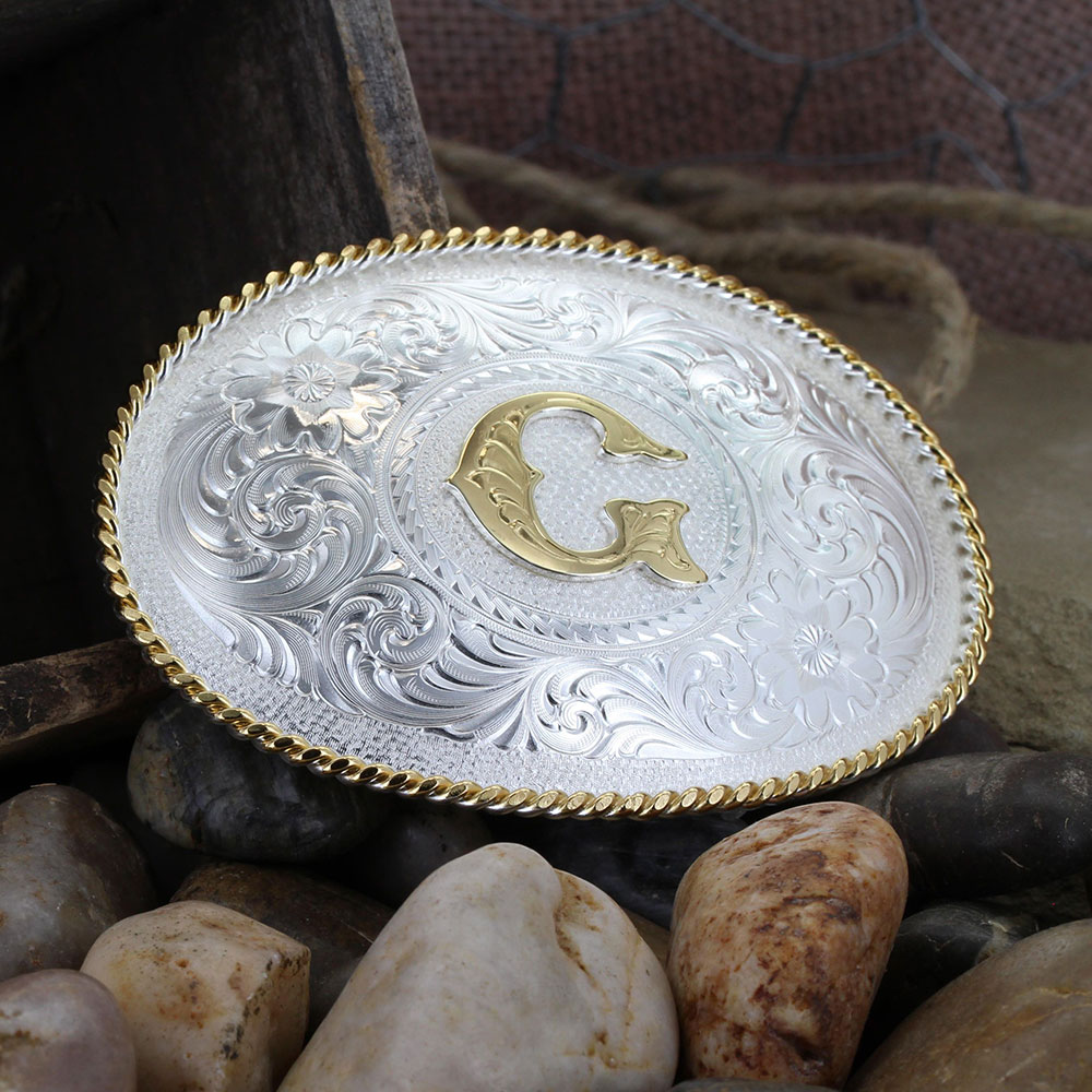 Initial G Silver Engraved Gold Trim Western Belt Buckle
