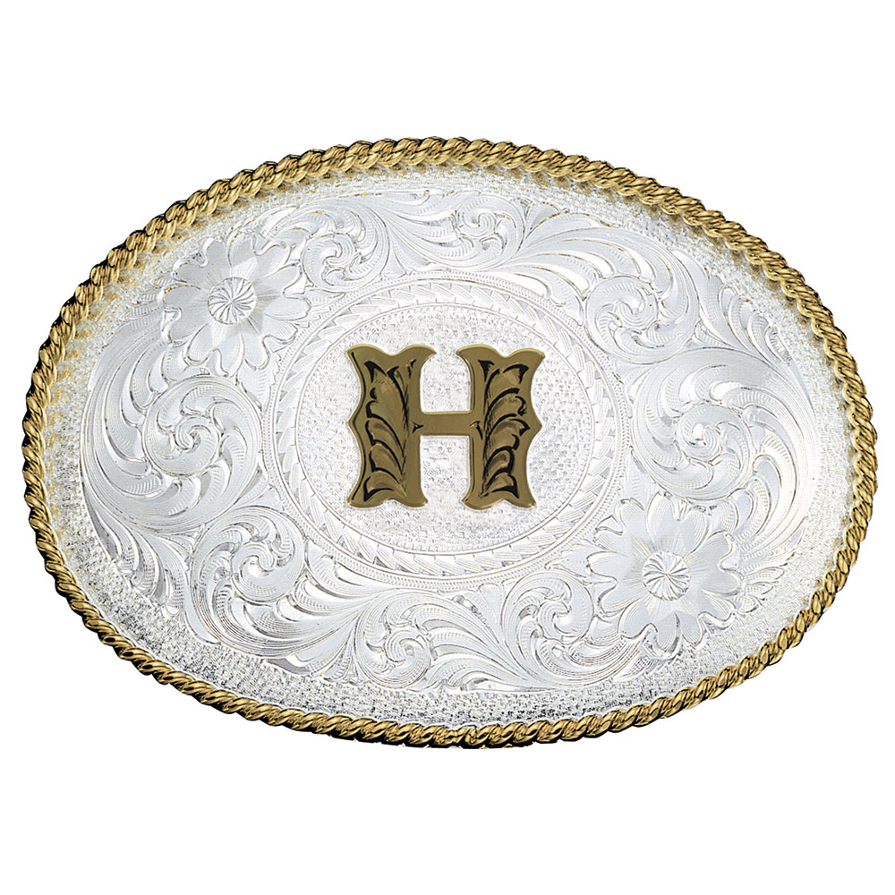 Initial H Silver Engraved Gold Trim Western Belt Buckle