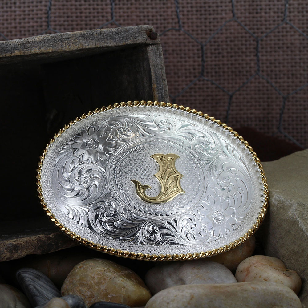 Initial J Silver Engraved Gold Trim Western Belt Buckle