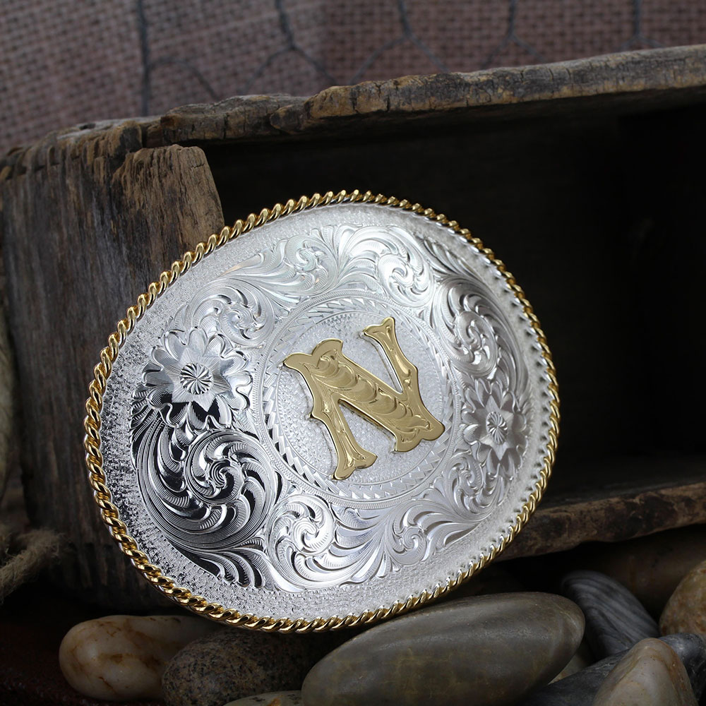 Initial Silver Engraved Gold Trim Western Belt Buckle by Montana  Silversmiths