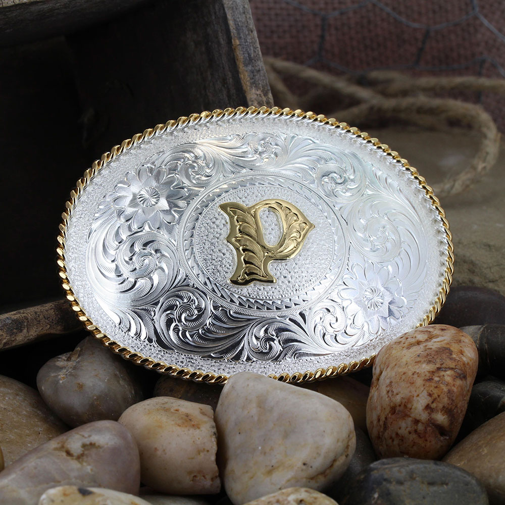 Initial P Silver Engraved Gold Trim Western Belt Buckle