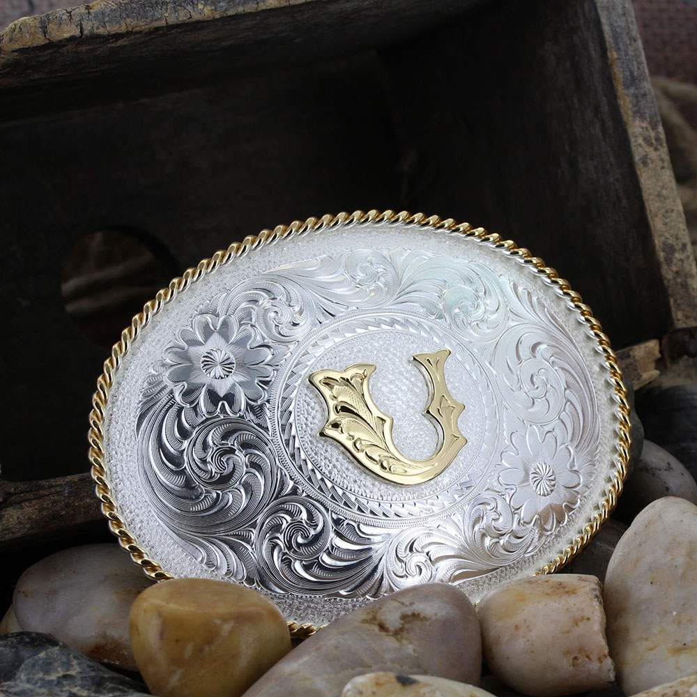 Initial U Silver Engraved Gold Trim Western Belt Buckle