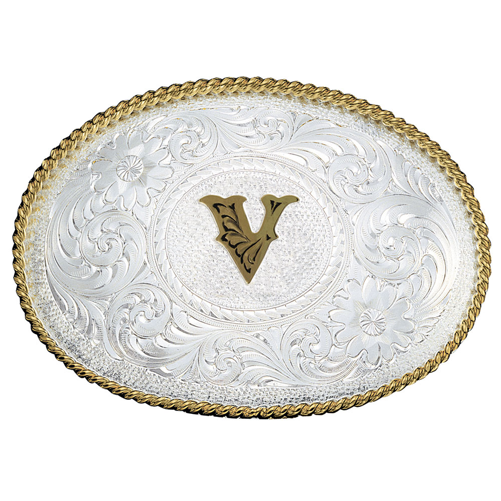 Initial V Silver Engraved Gold Trim Western Belt Buckle