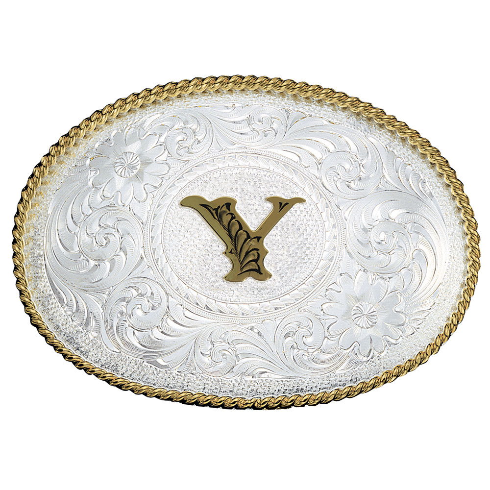 Initial Y Silver Engraved Gold Trim Western Belt Buckle