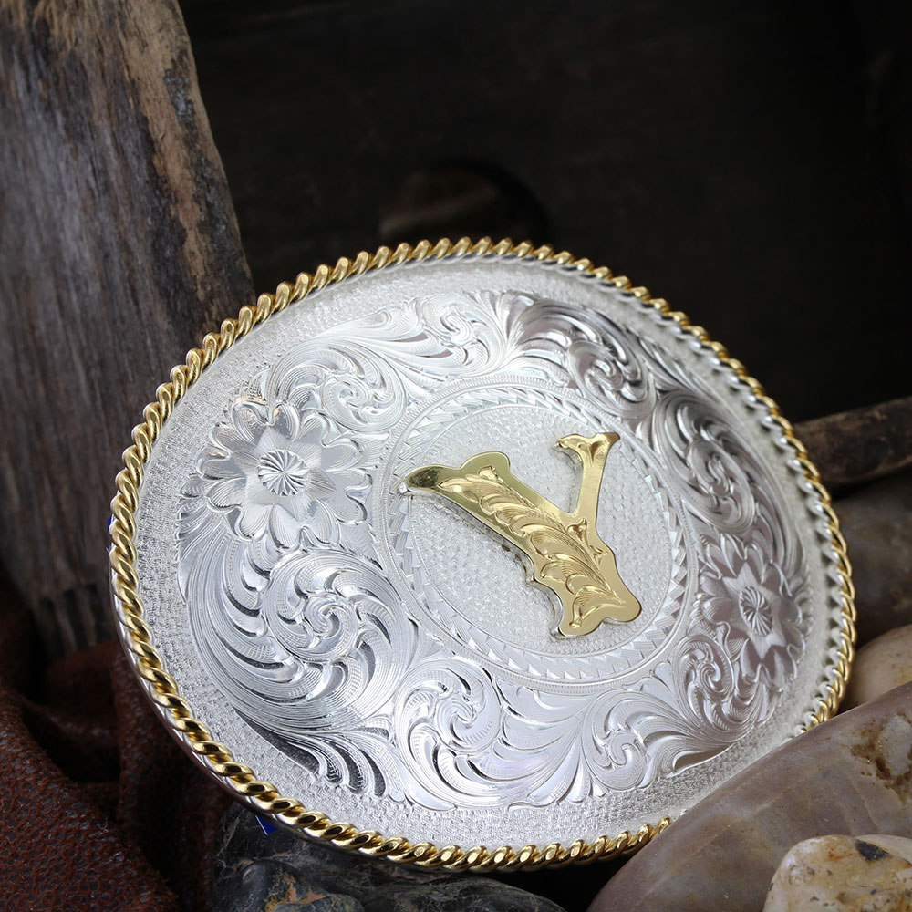 Initial Y Silver Engraved Gold Trim Western Belt Buckle