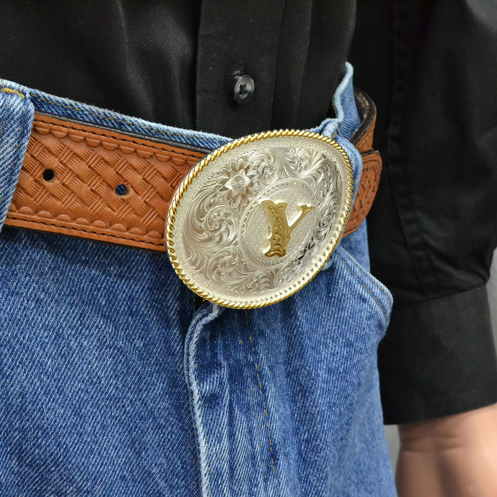 Initial Y Silver Engraved Gold Trim Western Belt Buckle