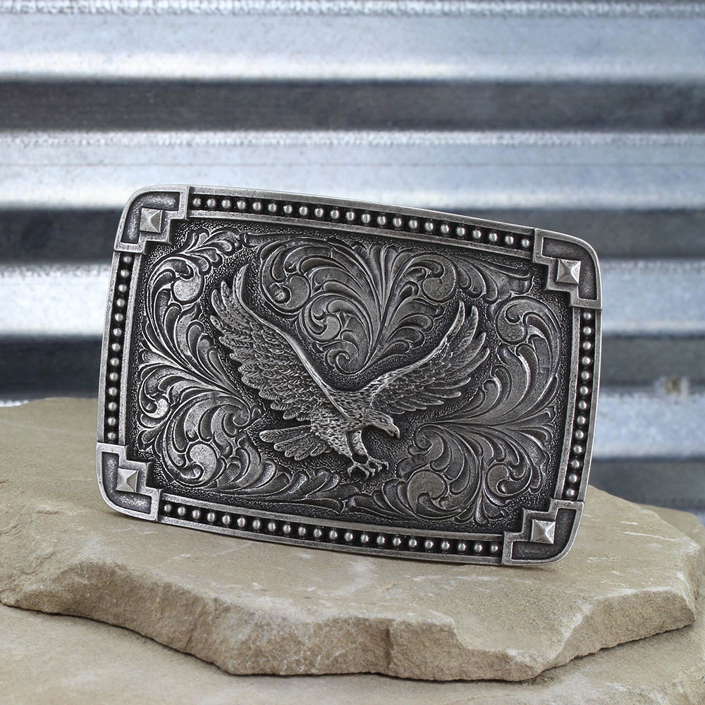 Classic Antiqued Tied at the Corners Attitude Buckle with Soaring Eagle