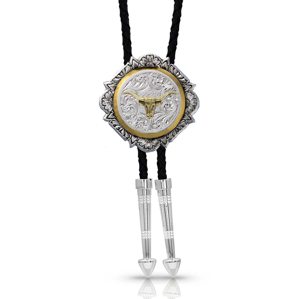 Silver and Gold Engraved Button Bolo Tie
