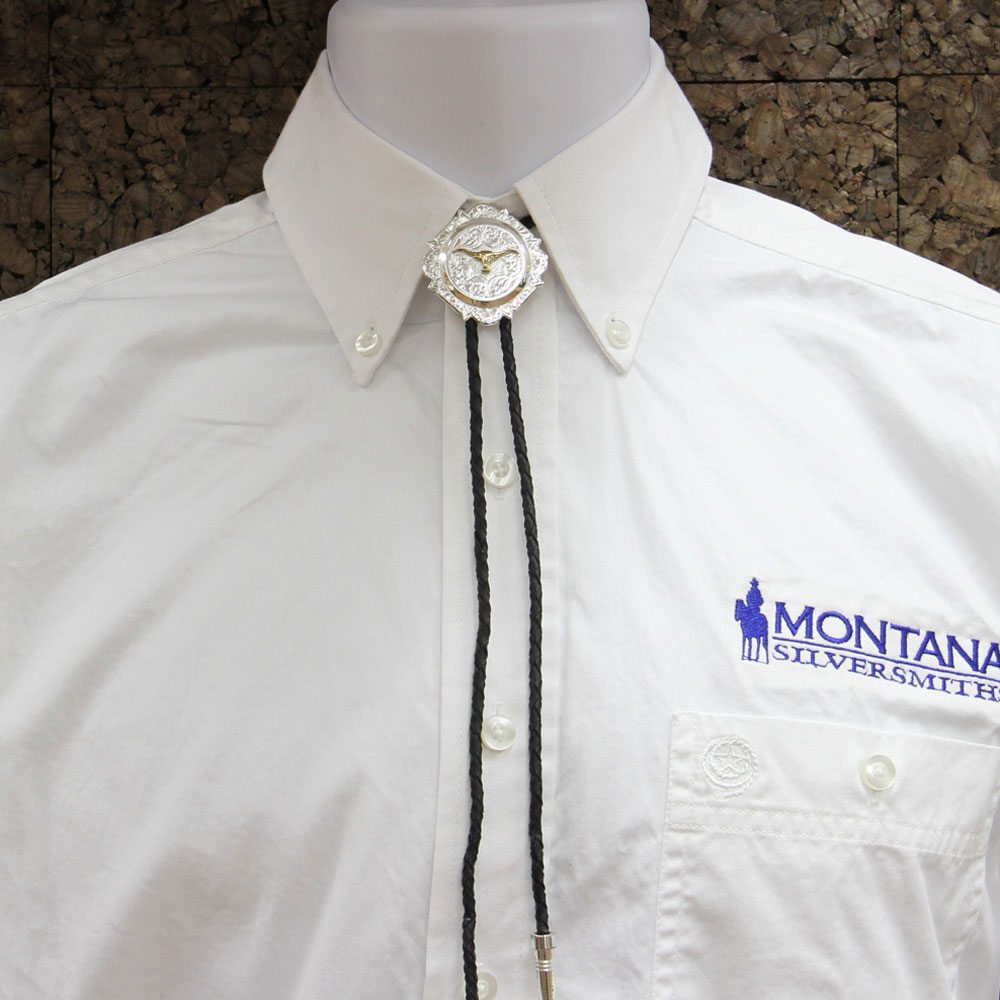 thumbnail image 2 of Montana Silversmiths Pioneer Turquoise Bolo Tie - Silver Plated With Leather Cord 2 of 10