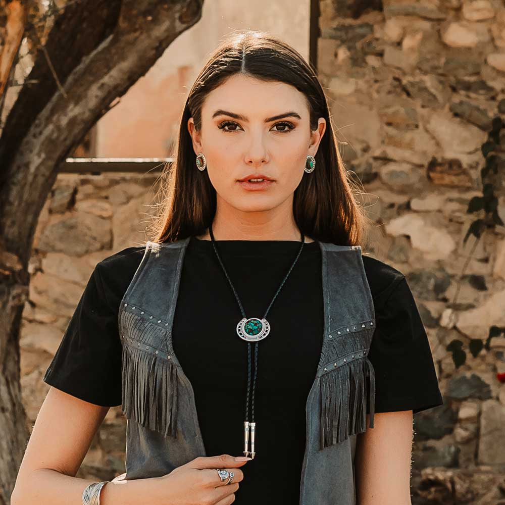 thumbnail image 2 of Montana Silversmiths Pioneer Turquoise Bolo Tie - Silver Plated With Leather Cord 2 of 10